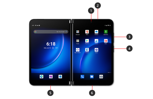 Urządzenie Surface Duo 2 z objaśnieniami dotyczącymi przycisków i portów