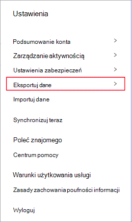 Menu ustawień aplikacji Dashlane z wyróżnioną pozycją Eksportuj dane.