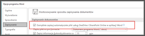 Okno dialogowe Plik > Opcje > Zapisywanie z wyświetlonym polem wyboru do włączania lub wyłączania autozapisu