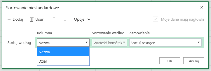 Niestandardowe okno dialogowe Sortowanie z zaznaczoną kolumną Sortuj według wiersza w kolumnie „Nazwa”