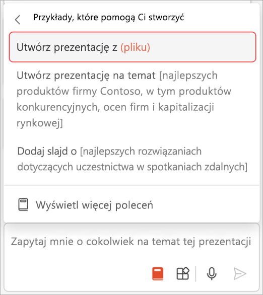 Zrzut ekranu przedstawiający menu podpowiedzi funkcji Copilot w programie PowerPoint z wyróżnioną opcją Utwórz prezentację z pliku