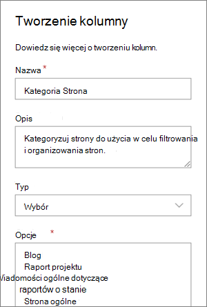 Przykład konfigurowania kolumny wyboru kategorii dla blogów