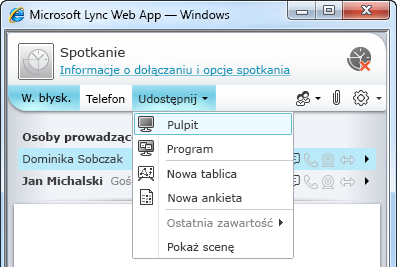 Menu Udostępnij w aplikacji Lync Web App