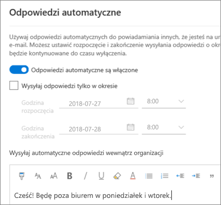 Tworzenie odpowiedzi z informacją o nieobecności w aplikacji Outlook w sieci Web