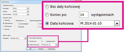 Opcja zmiany daty końcowej spotkania cyklicznego