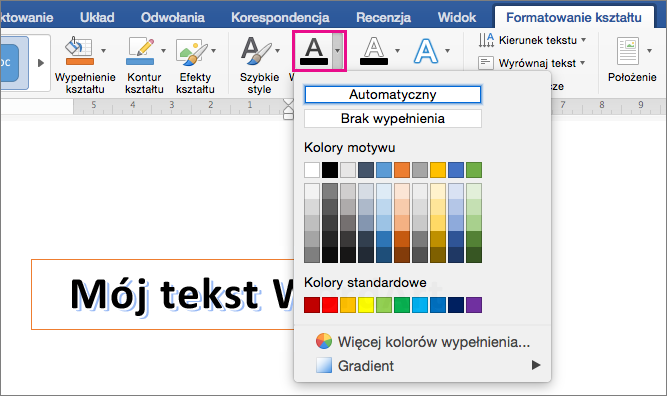 Karta Formatowanie kształtu z wyróżnioną opcją Wypełnienie tekstu.