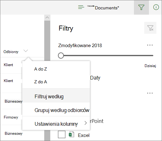 Kliknij pozycję Filtruj według, aby otworzyć panel filtru