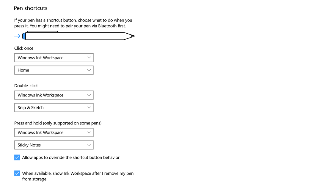 Ustawienia skrótów pióra w obszarze Start > Ustawienia > Urządzenia > Pióro i funkcja Windows Ink.