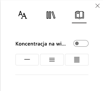 Menu opcji funkcji Koncentracja na wierszach w czytniku immersyjnym — składniku dodatku Narzędzia edukacyjne dla programu OneNote.