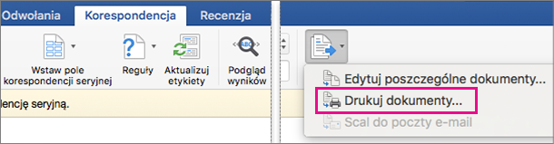 Na karcie Korespondencja wyróżnione są opcje Zakończ i scal oraz Drukuj dokumenty