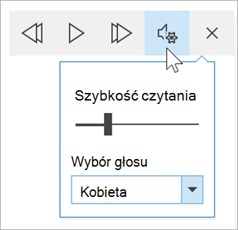 zrzut ekranu przedstawiający pasek narzędzi Opcje głosu czytnika immersyjnego. Wskaźnik myszy znajduje się nad ustawieniami, ujawniając przełącznik szybkości czytania i listę rozwijaną w celu wyboru głosu