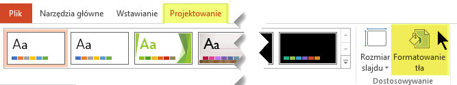 Przycisk Formatuj tło znajduje się na karcie Projektowanie na Wstążce w programie PowerPoint