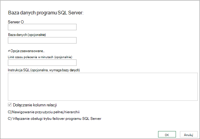 Okno dialogowe SQL Server bazy danych