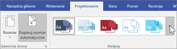 Zrzut ekranu przedstawiający opcje paska narzędzi Projektowanie > Motywy