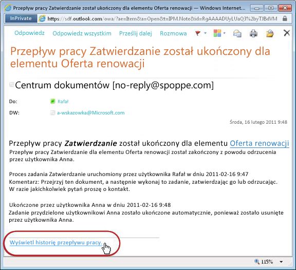 Powiadomienie o ukończeniu przepływu pracy z wyróżnionym łączem do historii