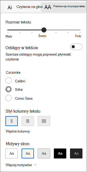 Preferencje dotyczące tekstu w Czytnik immersyjny dla Microsoft Edge.