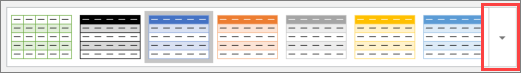 Zrzut ekranu przedstawiający sześć pierwszych stylów tabeli i przycisk Więcej umożliwiający wyświetlenie wszystkich stylów tabeli.