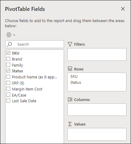 Pola tabeli przestawnej w programie Excel dla sieci Web