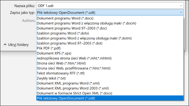 Lista formatów plików z programu Word z wyróżnionym formatem pliku ODT