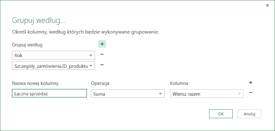 Okno dialogowe Grupowanie według umożliwiające obsługę operacji agregowania