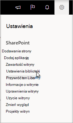 Ustawienia menu z wybraną Ustawienia Biblioteki