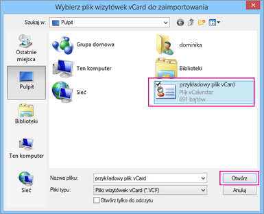 Wybierz plik vCard, który chcesz zaimportować do pliku csv.