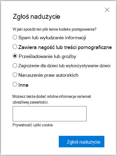 Zrzut ekranu przedstawiający okno dialogowe Zgłaszanie nadużycia w usłudze OneDrive