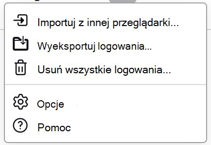 Menu haseł w programie Firefox z wyświetlonym dostępnym poleceniem Eksportuj logowania.