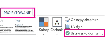 Opcja Zapisz jako domyślne dotycząca motywów programu Word dostępna na karcie Projektowanie