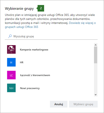 Zrzut ekranu przedstawiający okno dialogowe Wybieranie grupy