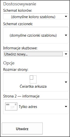 Opcje szablonu pocztówki dla wbudowanych szablonów programu Publisher.