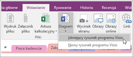 Zrzut ekranu przedstawiający przycisk Wstaw diagram w programie OneNote 2016.