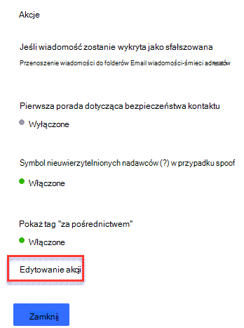 Panel działań w zakresie ochrony przed wyłudzaniem informacji ze strzałką wskazującą link Edytuj akcje.