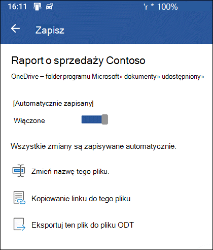 Menu Zapisz w programie Word dla systemu Android