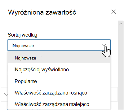 Opcje sortowania według składnika Web Part Wyróżniona zawartość w nowoczesnym środowisku programu SharePoint