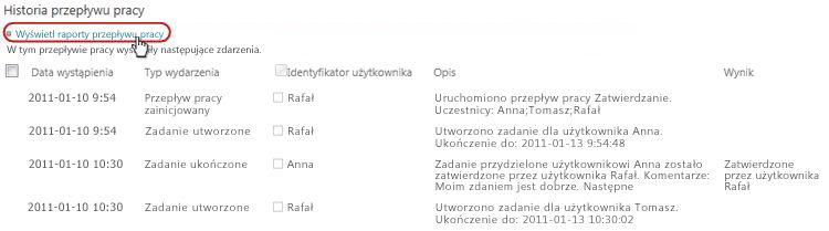 Kliknięcie łącza Wyświetl raporty przepływu pracy w obszarze Historia przepływu pracy