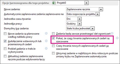 Okno dialogowe Opcje, karta Harmonogram, obszar Opcje harmonogramu dla tego projektu