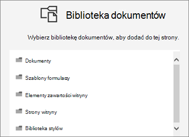 Wybieranie biblioteki dokumentów, która ma być umieszczana na stronie