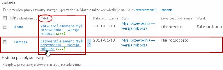 Kliknięcie tytułu zadania na liście