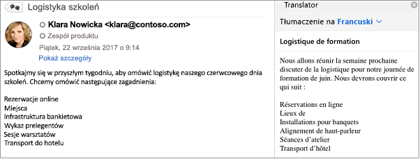 Ta wiadomość została przetłumaczona z języka angielskiego na francuski przy użyciu dodatku Outlook Translator