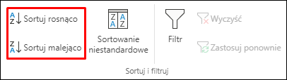 Przyciski Sortuj rosnąco lub malejąco w programie Excel na karcie Dane