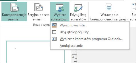 Opcje przycisku Wybierz adresatów na karcie Korespondencja