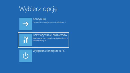 Ekran wyboru opcji w środowisku odzyskiwania systemu Windows.