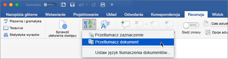 Karta Recenzja z wyróżnioną pozycją Przetłumacz dokument