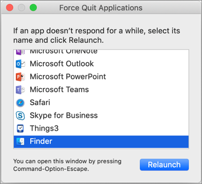 Zrzut ekranu przedstawiający program Finder w oknie dialogowym Wymuszanie zamknięcia aplikacji na komputerze Mac