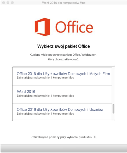 Wybieranie typu licencji pakietu Office 2016 dla komputerów Mac