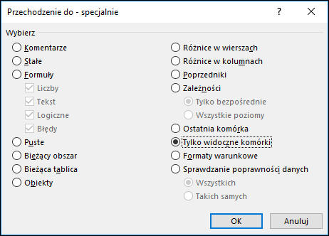 Okno dialogowe Przechodzenie do — specjalnie