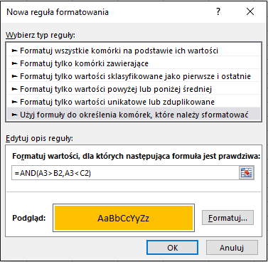 Formatowanie warunkowe > Okno dialogowe Edytowanie reguły wyświetlające metodę formuły