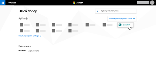 Strona główna platformy Microsoft 365 z wyróżnioną aplikacją SharePoint