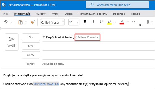 Imię i nazwisko oraz adres e-mail wspomnianej osoby są wyświetlane domyślnie